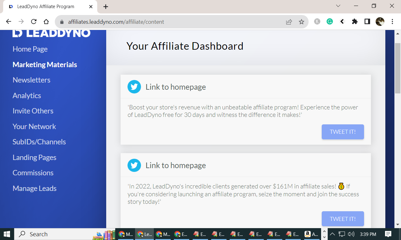 LeadDyno dashboard marketing materials page